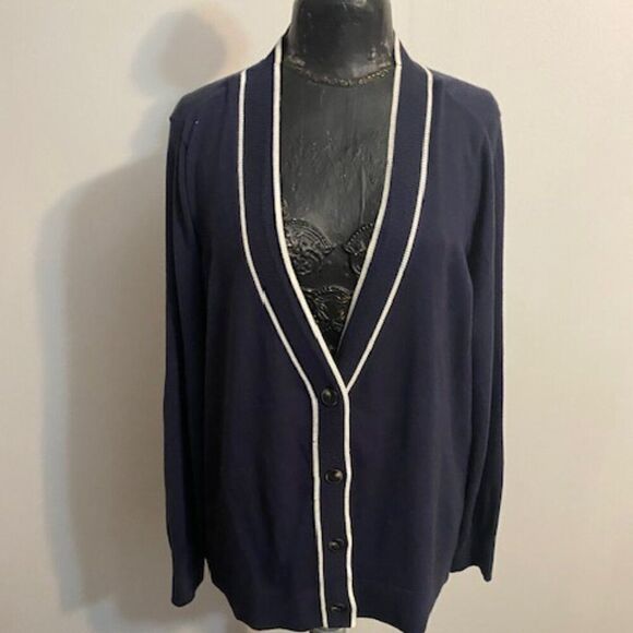 Lane Bryant Blue/White contrast V-neck button down cardigan, size 22/24 - Picture 2 of 5